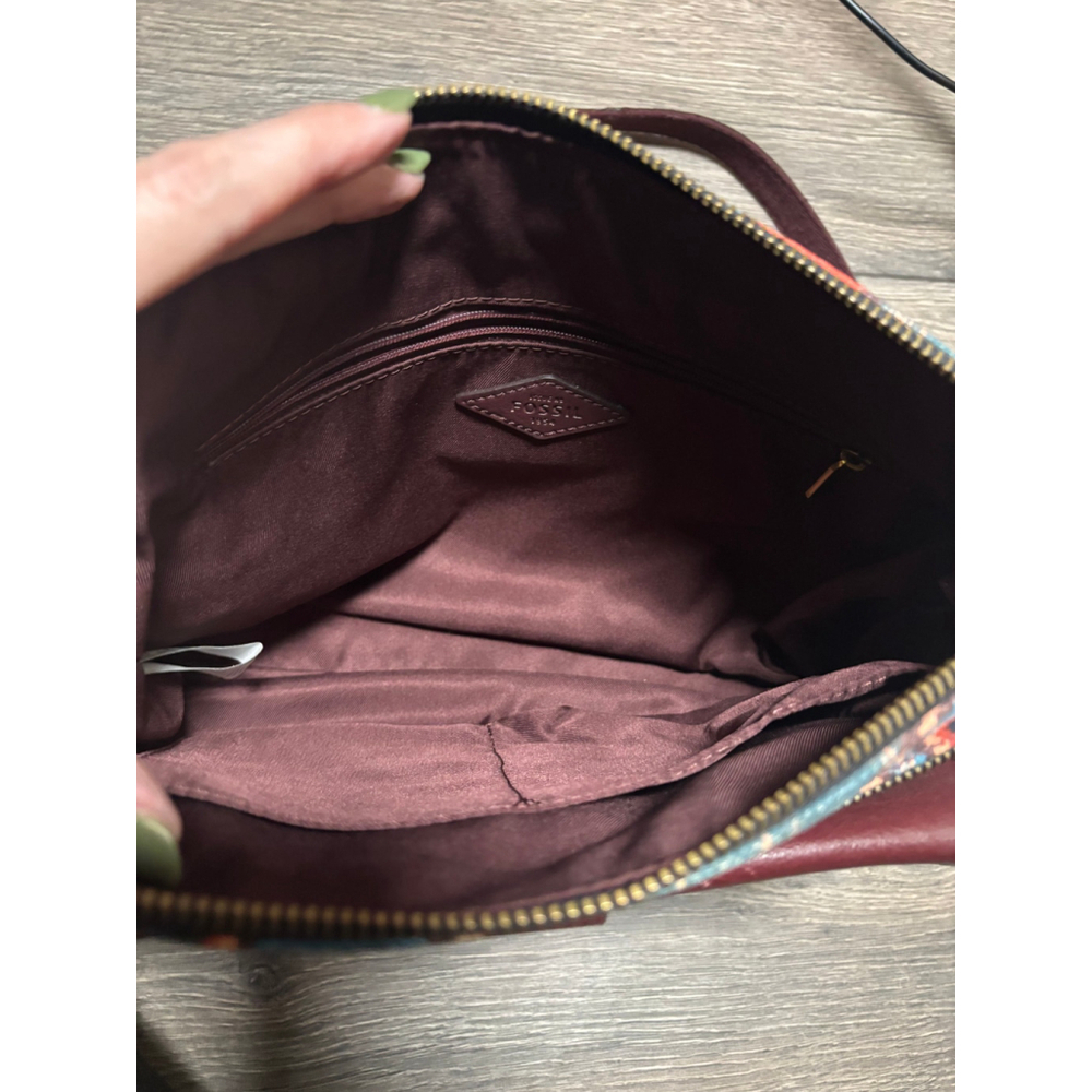 Fossil Kinley Crossbody Bag Boho Print Canvas Leather Multi Textile Burgundy OS - Picture 13 of 16